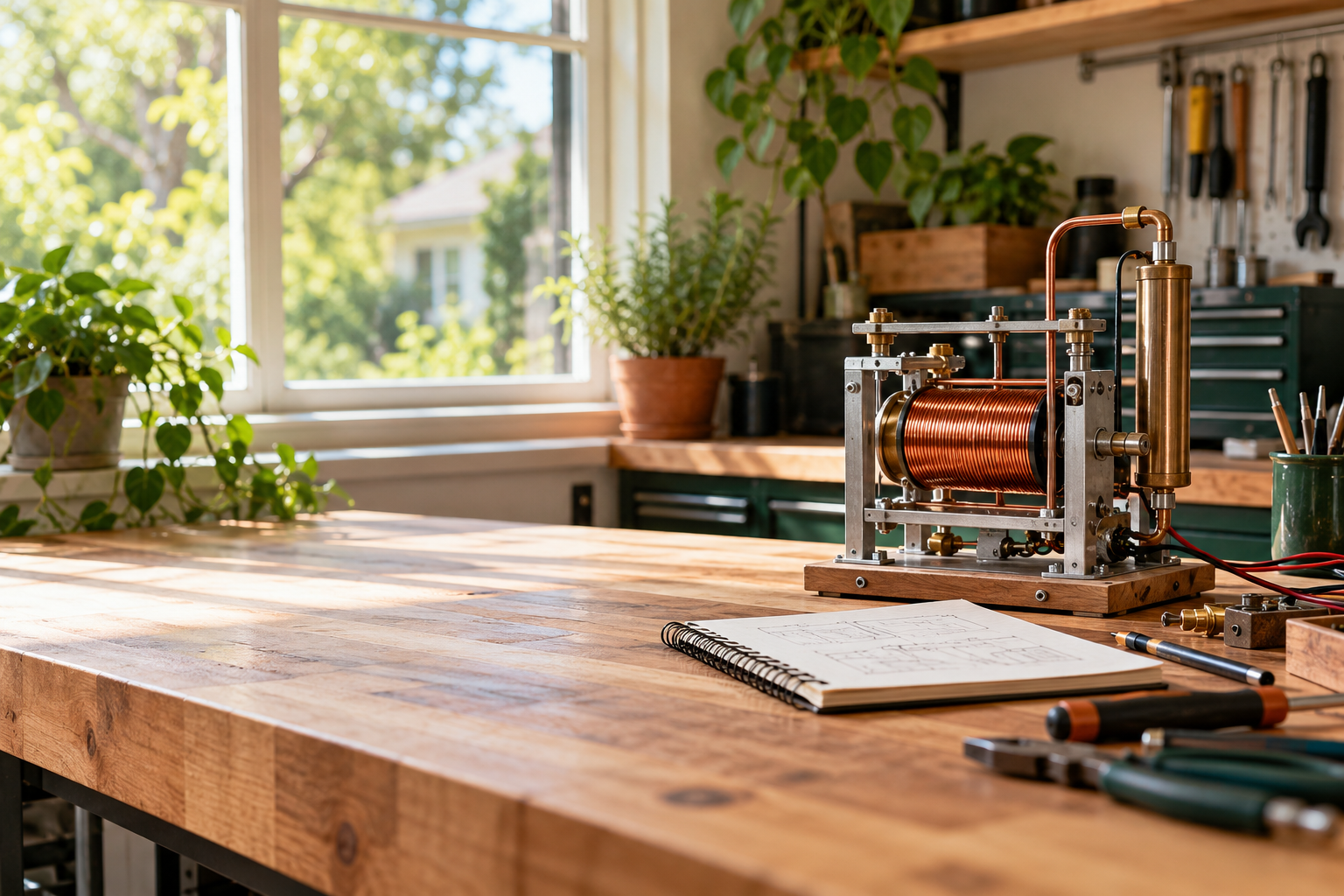 Home energy prototype on a workshop bench